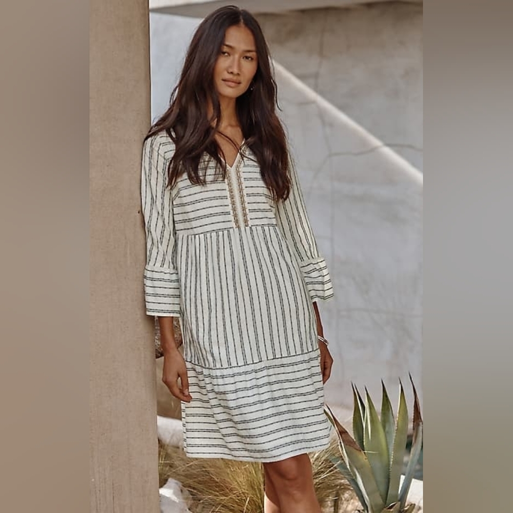 Ivory and Black Striped V-Neck Mini Dress